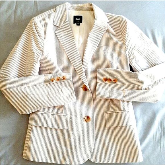 Gap Academy Grey V-necline Collar Stripe Seersucker Blazer Sz 2 - Picture 2 of 9